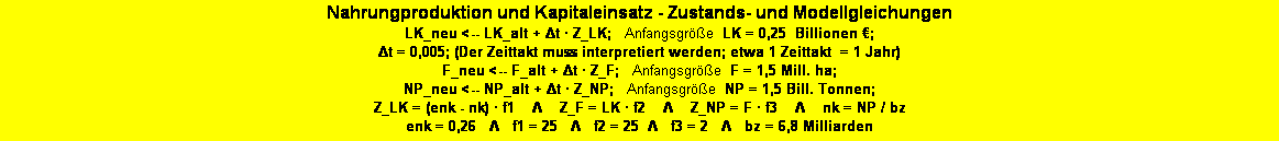 Textfeld: Zustands- und Modellgleichungen zur Teilstruktur "Nahrungproduktion und Kapitaleinsatz" 
LK_neu <-- LK_alt + Δt � Z_LK;   Anfangsgr��e  LK = 0,25  Billionen �; Δt = 0,005; (Der Zeittakt muss interpretiert werden; etwa 1 Zeittakt von 0,005 = 1 Jahr) 
F_neu <-- F_alt + Δt � Z_F;   Anfangsgr��e  F = 1,5 Mill. ha; 
NP_neu <-- NP_alt + Δt � Z_NP;   Anfangsgr��e  NP = 1,5 Bill. Tonnen; 
Z_LK = (enk - nk) � f1&nbsp;   Λ&nbsp;   Z_F = LK � f2&nbsp;   Λ    Z_NP = F � f3    Λ    nk = NP / bz
enk = 0,26   Λ   f1 = 25&nbsp;  Λ   f2 = 25  Λ   f3 = 2&nbsp;  Λ   bz = 6,8 Milliarden 