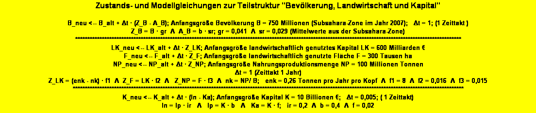 Textfeld: Zustands- und Modellgleichungen zur Teilstruktur "Bev�lkerung, Landwirtschaft und Kapital" 

B_neu <-- B_alt + Δt � (Z_B - A_B); Anfangsgr��e Bev�lkerung B = 750 Millionen (Subsahara-Zone im Jahr 2007);   Δt = 1; (1 Zeittakt )
Z_B = B � gr  Λ  A_B = b � sr; gr = 0,041  Λ  sr = 0,029 (Mittelwerte aus der Subsahara-Zone) 
***************************************************************************************************************************************************************
LK_neu <-- LK_alt + Δt � Z_LK; Anfangsgr��e landwirtschaftlich genutztes Kapital LK = 600 Milliarden �   
F_neu <-- F_alt + Δt � Z_F; Anfangsgr��e landwirtschaftlich genutzte Fl�che F = 300 Tausen ha
NP_neu <-- NP_alt + Δt � Z_NP; Anfangsgr��e Nahrungsproduktionsmenge NP = 100 Millionen Tonnen
Δt = 1 (Zeittakt 1 Jahr) 
Z_LK = (enk - nk) � f1&nbsp; Λ &nbsp;Z_F = LK � f2&nbsp; Λ&nbsp;  Z_NP = F � f3  Λ  nk = NP/ B;   enk = 0,26 Tonnen pro Jahr pro Kopf &nbsp;Λ&nbsp; f1 = 8&nbsp; Λ&nbsp; f2 = 0,016  Λ&nbsp; f3 = 0,015 
*****************************************************************************************************************************************************************
K_neu <-- K_alt + Δt � (In - Ka); Anfangsgr��e Kapital K = 10 Billionen �;   Δt = 0,005; ( 1 Zeittakt)
In = Ip � ir   Λ   Ip = K � b   Λ   Ka = K � f;   ir = 0,2&nbsp; Λ  b = 0,4&nbsp; Λ  f = 0,02