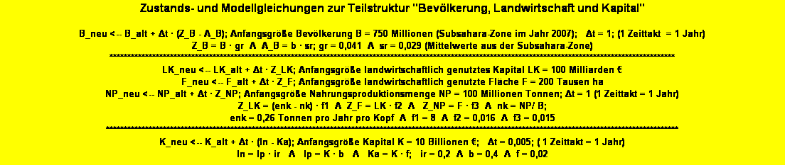 Textfeld: Zustands- und Modellgleichungen zur Teilstruktur "Bev�lkerung, Landwirtschaft und Kapital" 

B_neu <-- B_alt + Δt � (Z_B - A_B); Anfangsgr��e Bev�lkerung B = 750 Millionen (Subsahara-Zone im Jahr 2007);   Δt = 1; (1 Zeittakt  = 1 Jahr)
Z_B = B � gr  Λ  A_B = b � sr; gr = 0,041  Λ  sr = 0,029 (Mittelwerte aus der Subsahara-Zone) 
***************************************************************************************************************************************************************
LK_neu <-- LK_alt + Δt � Z_LK; Anfangsgr��e landwirtschaftlich genutztes Kapital LK = 100 Milliarden �   
F_neu <-- F_alt + Δt � Z_F; Anfangsgr��e landwirtschaftlich genutzte Fl�che F = 200 Tausen ha
NP_neu <-- NP_alt + Δt � Z_NP; Anfangsgr��e Nahrungsproduktionsmenge NP = 100 Millionen Tonnen; Δt = 1 (1 Zeittakt = 1 Jahr) 
Z_LK = (enk - nk) � f1&nbsp; Λ &nbsp;Z_F = LK � f2&nbsp; Λ&nbsp;  Z_NP = F � f3  Λ  nk = NP/ B;   
enk = 0,26 Tonnen pro Jahr pro Kopf &nbsp;Λ&nbsp; f1 = 8&nbsp; Λ&nbsp; f2 = 0,016  Λ&nbsp; f3 = 0,015 
*****************************************************************************************************************************************************************
K_neu <-- K_alt + Δt � (In - Ka); Anfangsgr��e Kapital K = 10 Billionen �;   Δt = 0,005; ( 1 Zeittakt = 1 Jahr)
In = Ip � ir   Λ   Ip = K � b   Λ   Ka = K � f;   ir = 0,2&nbsp; Λ  b = 0,4&nbsp; Λ  f = 0,02