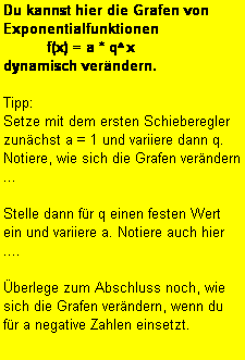 Textfeld: Du kannst hier die Grafen von Exponentialfunktionen 
          f(x) = a * q^x  
dynamisch ver�ndern. 

Tipp: 
Setze mit dem ersten Schieberegler zun�chst a = 1 und variiere dann q. Notiere, wie sich die Grafen ver�ndern ...

Stelle dann f�r q einen festen Wert ein und variiere a. Notiere auch hier ....

�berlege zum Abschluss noch, wie sich die Grafen ver�ndern, wenn du f�r a negative Zahlen einsetzt. 