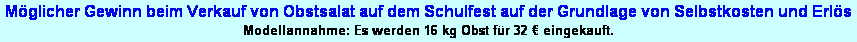 Textfeld: M�glicher Gewinn beim Verkauf von Obstsalat auf dem Schulfest auf der Grundlage von Selbstkosten und Erl�s
Modellannahme: Es werden 16 kg Obst f�r 32 � eingekauft. 