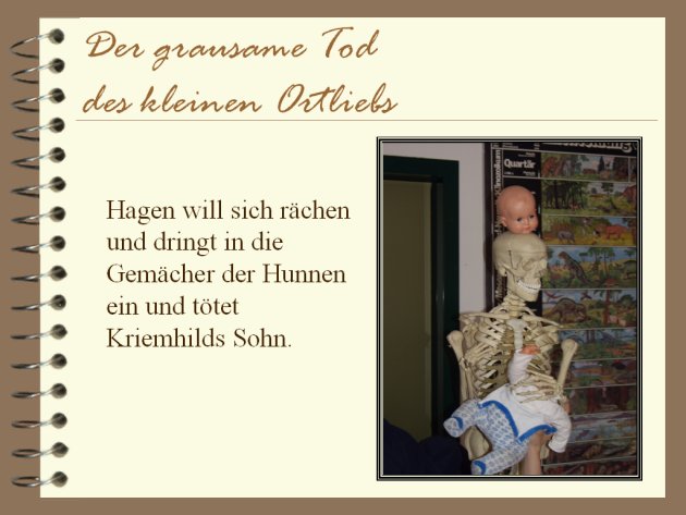 Hagen will sich r&auml;chen und dringt in die Gem&auml;cher der Hunnen ein und t&ouml;tet Kriemhilds Sohn.