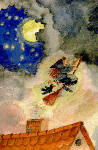 Hexe fliegt &uuml;bers Dach