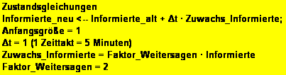 Textfeld: Zustandsgleichungen
Informierte_neu <-- Informierte_alt + Δt � Zuwachs_Informierte; 
Anfangsgr��e = 1 
Δt = 1 (1 Zeittakt = 5 Minuten)
Zuwachs_Informierte = Faktor_Weitersagen � Informierte
Faktor_Weitersagen = 2