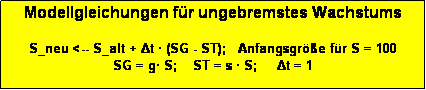 Textfeld: Modellgleichungen f�r ungebremstes Wachstums

S_neu <-- S_alt + Δt � (SG - ST);   Anfangsgr��e f�r S = 100
SG = g� S;    ST = s � S;     Δt = 1