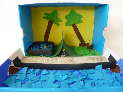 Ich kam auf den Gedanken, als ich ein Glas Wasser trank. Dazu fiel mir eine Oase ein, die nat�rlich gut zu meinem Sachbuch �ber die W�ste passt. Ich habe Papier, Karton und Kreppapier benutzt und habe Legom�nnchen in verschiedenen Situationen dargestellt.