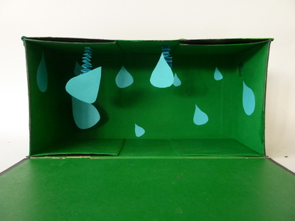 Mein Objekt stellt den Regenwald dar. Innen habe ich aus blauem Papier Regentropfen ausgeschnitten und aufgeklebt. Zwei h�ngen von oben mit einer Hexenleiter herunter.