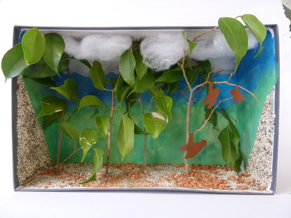 F�r den Hintergrund habe ich die Farben gr�n und blau verwendet, weil der Regenwald aus vielen Baum- und Pflanzenarten besteht, feucht und voller Leben ist.